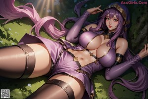 A woman with purple hair wearing a hat and gloves.