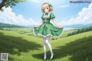 A girl in a green dress standing in front of a window.