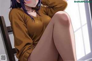 Anime girl in stockings and stockings posing in front of a bookshelf.