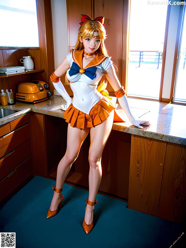 A woman in a sailor outfit posing in a kitchen.