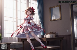 A woman in a red and white dress sitting on a bed.