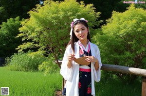 A woman in a black and purple kimono standing in front of a window.