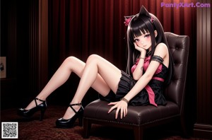 A woman in a red lingerie sitting on a pink chair.