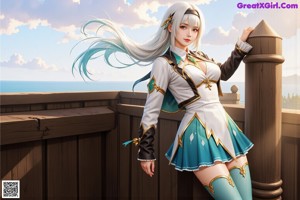 A woman with long white hair wearing a green and white outfit.