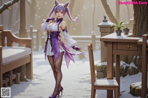 A woman in a purple outfit sitting on a stone ledge.