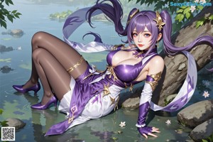 A woman in a purple outfit sitting on a ledge.