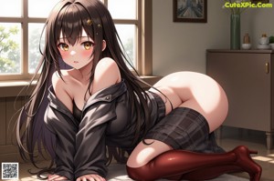 A naked anime girl posing in a living room.