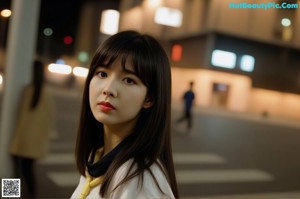 A woman standing in the middle of a city street at night.