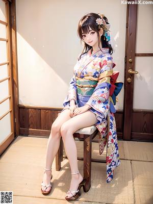 A woman in a blue kimono sitting on a bed.