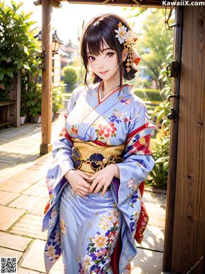 A woman in a kimono standing in front of a window.