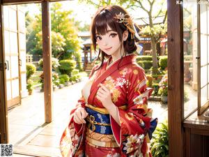 A woman in a blue kimono standing in front of a building.