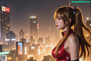 A woman in a red latex outfit standing in front of a city at night.