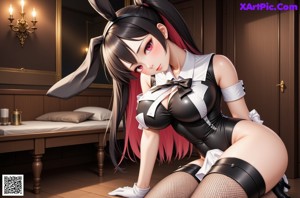A woman in a bunny costume sitting on a bed.