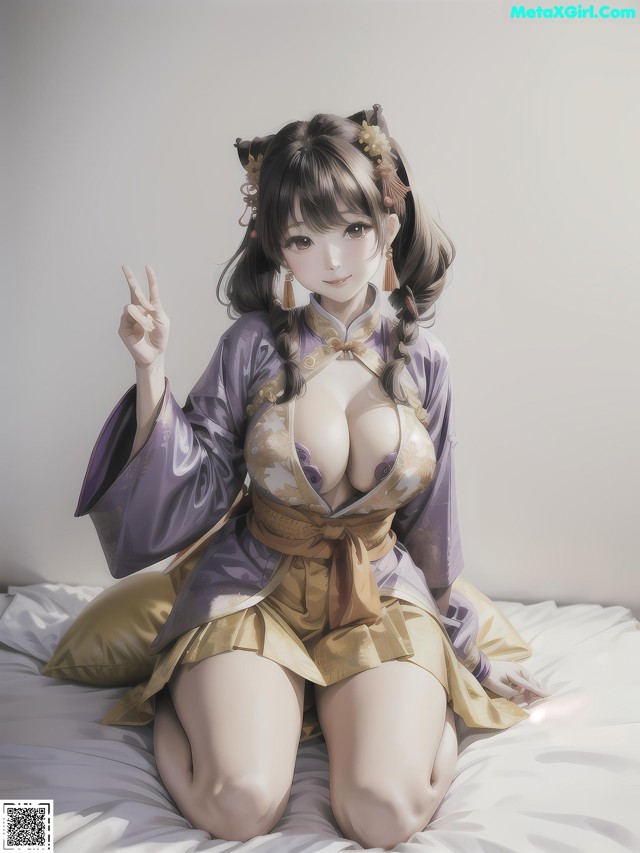 A woman in a kimono sitting on a bed.
