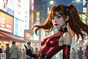 A woman in a red latex outfit standing in the middle of a city.
