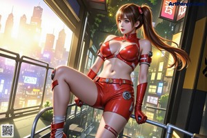 A woman in a red latex outfit is posing in the middle of a city.