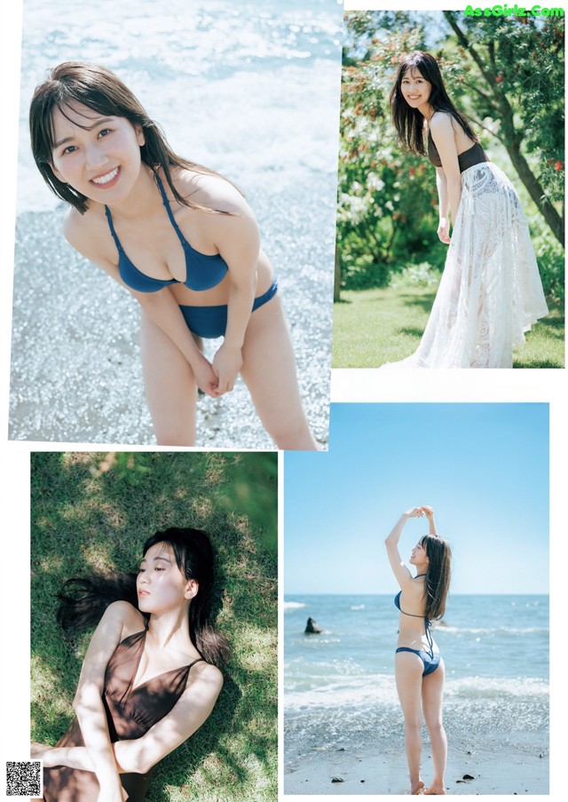 A woman in a blue bikini posing on the beach.