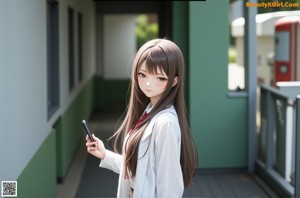 A girl in a white shirt and black skirt standing in a hallway.