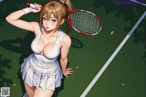 A woman holding a tennis racket on a tennis court.