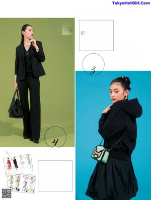 A woman in a black hoodie and pleated skirt posing for a magazine.