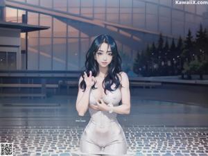 A woman in a bikini standing in a pool of water.