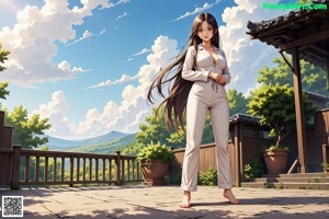 A woman in a blue jumpsuit is standing on a rock.