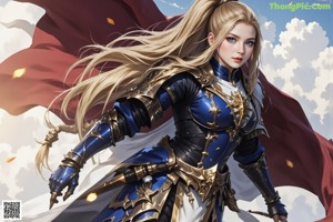 A woman in armor holding a sword in front of a city.