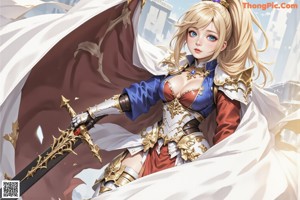 A woman in a blue and red outfit holding a sword.