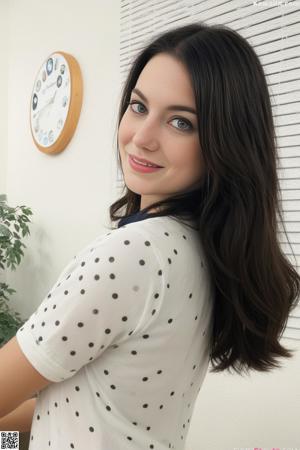 A woman in a purple shirt and panties sitting on a white couch.