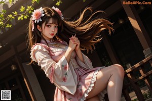 A woman in a kimono with a flower crown on her head.