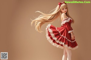 a woman in a red and white dress posing for a picture