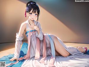 A woman in a pink and white dress sitting on a bed.