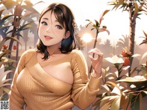 A naked anime girl sitting on a red couch.