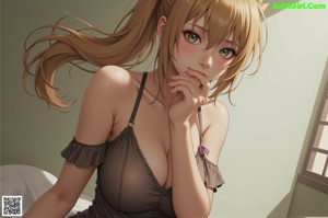 A naked anime girl sitting on a bed in front of a window.