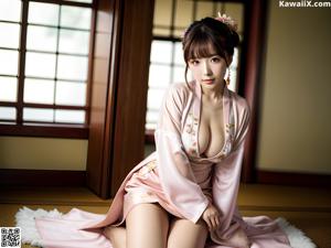 A woman in a pink kimono sitting on a bed.