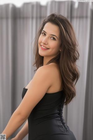 A beautiful young woman sitting on a bed smiling.