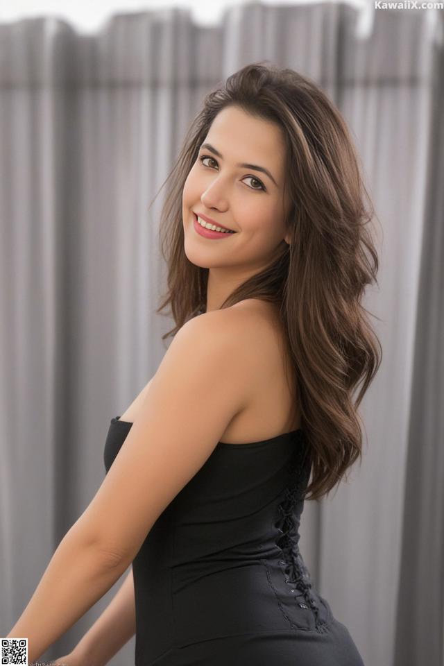 A woman in a black dress posing for a picture.