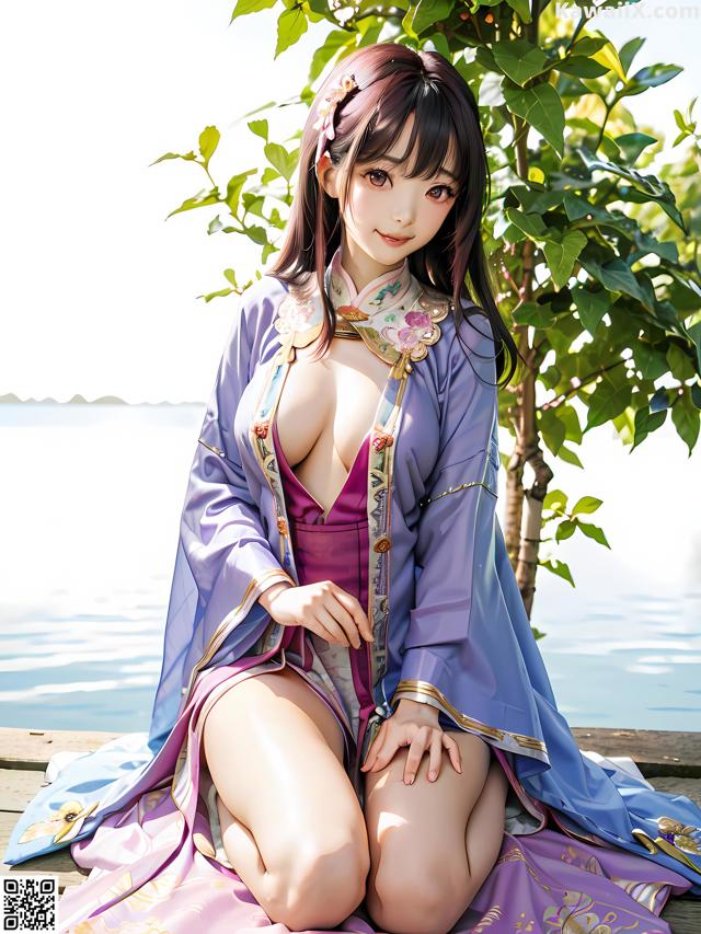 A woman in a purple kimono sitting on a wooden dock.