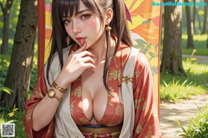 A woman in a blue kimono posing in the woods.