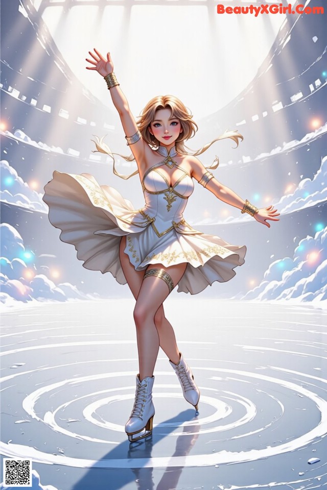 A woman in a white dress skating on a ice rink.