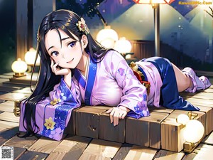 A woman in a pink kimono sitting on a table.