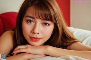 A woman in a pink bra and black panties sitting on a bed.