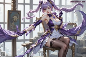 A woman with long purple hair sitting on a rock.
