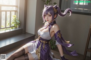 A woman with long purple hair sitting on a rock.