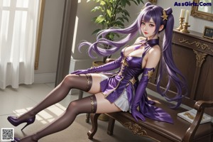 A woman in a purple dress sitting on a wooden bench.