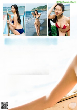 A woman in a blue bikini sitting by a pool.