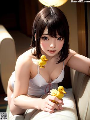 Anime girl with big tits posing in front of a window.