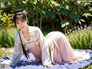 A woman in a pink and blue hanbok standing in a garden.