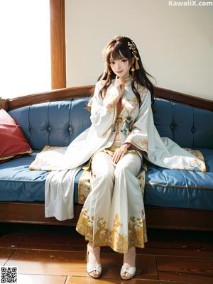 A woman in a kimono standing in front of a door.