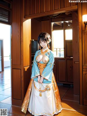 A woman in a blue and white kimono standing in a room.